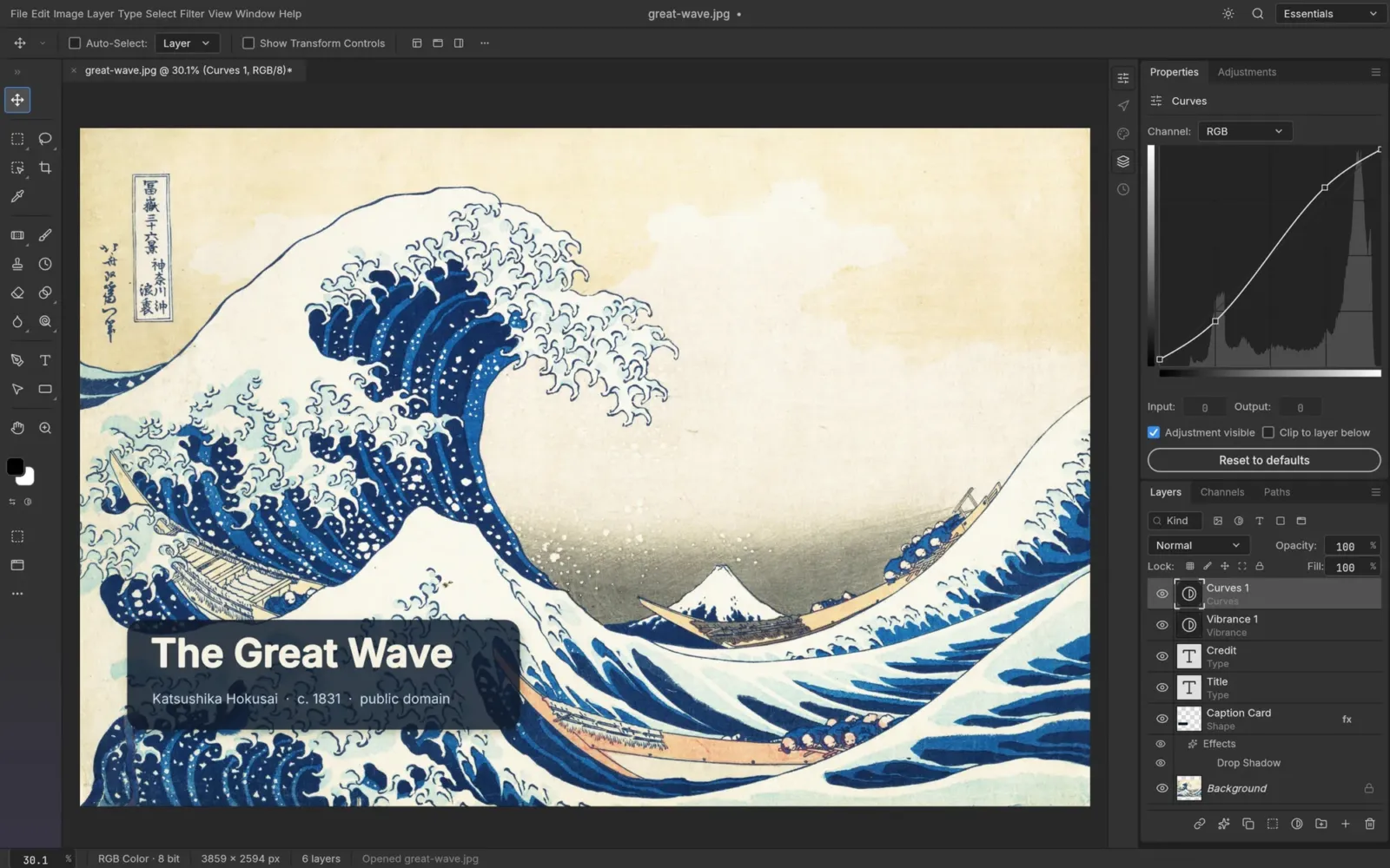 Interface de PhotoCraft, l'éditeur d'images open source d'ArtCraft, avec calques, courbes et la Grande Vague de Hokusai